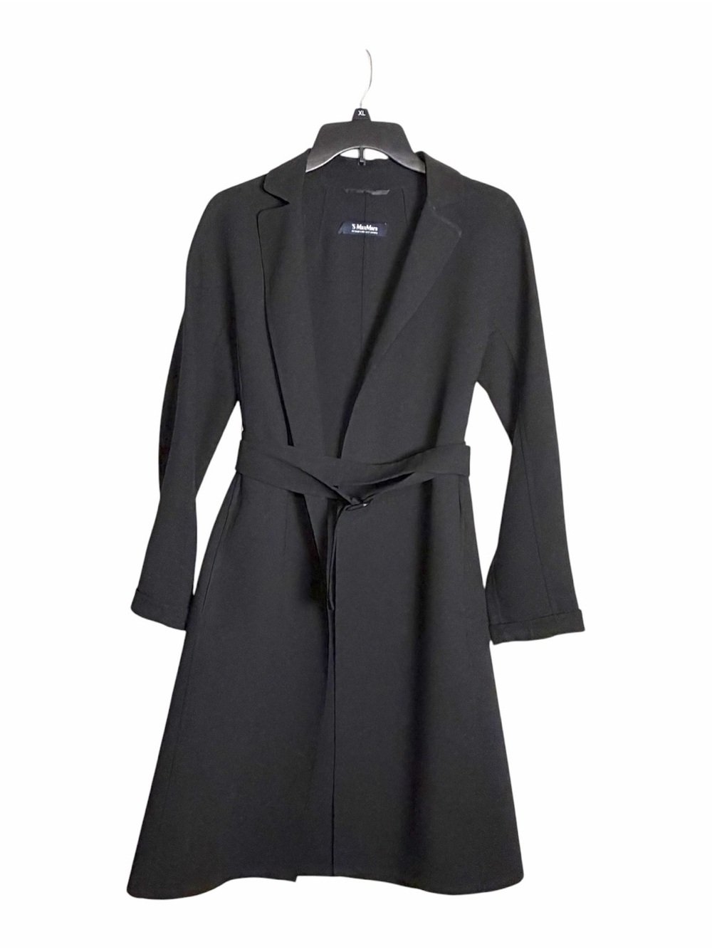 S' MAX MARA Topper Coat Womens US 4 Self Waist Belt Virgin Wool Unlined Black